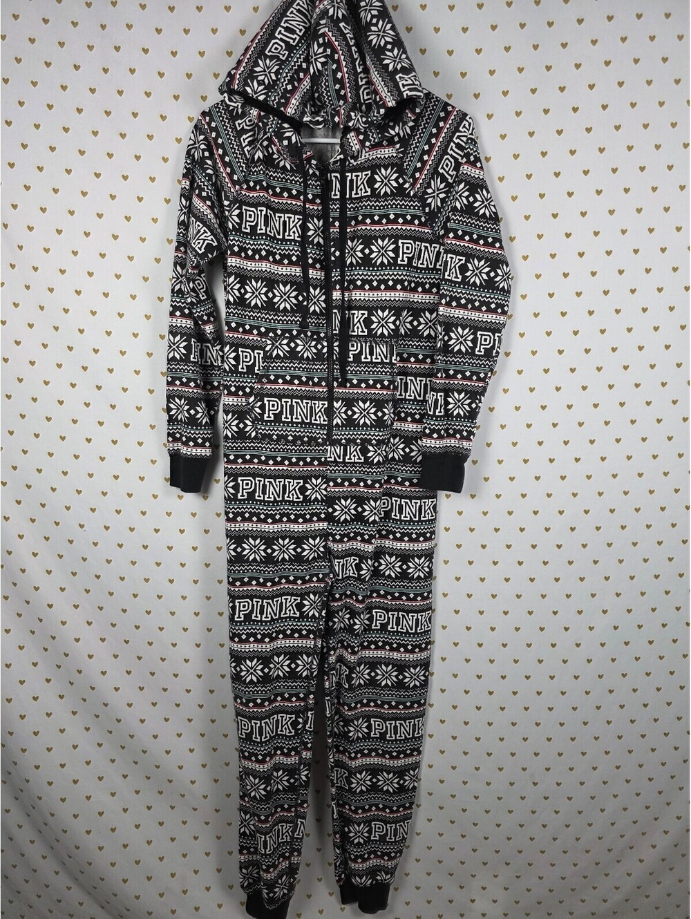 PINK Victoria's Secret XS Sherpa Lined Hooded One Piece Pajamas Fair Isle